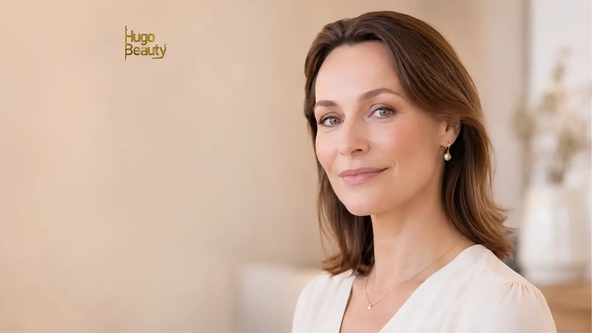 Smiling woman looking at her lifted facial contours in the mirror, demonstrating natural anti-aging HIFU skin tightening results in HCMC