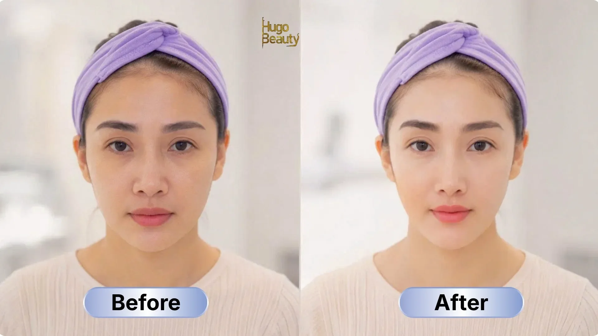 Before and after cheek lifting and facial contouring with HIFU at Hugo Beauty Ho Chi Minh.