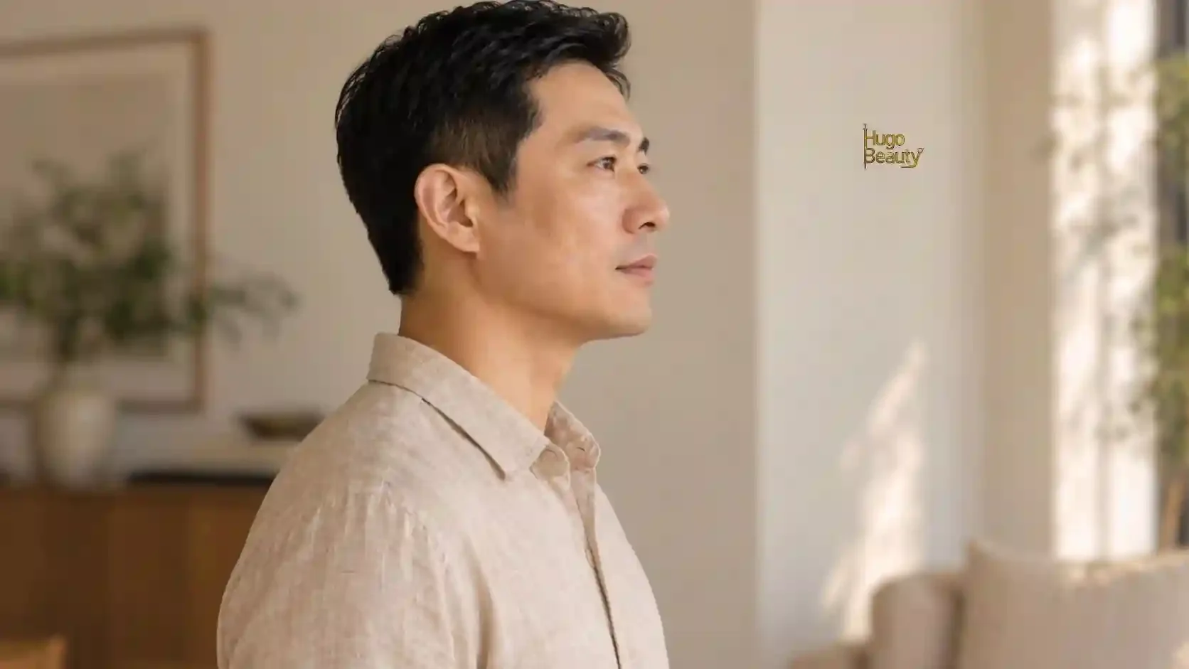 Khách nam chụp góc nghiêng dưới ánh sáng tự nhiên, thấy rõ đường viền hàm và dáng mặt thon gọn