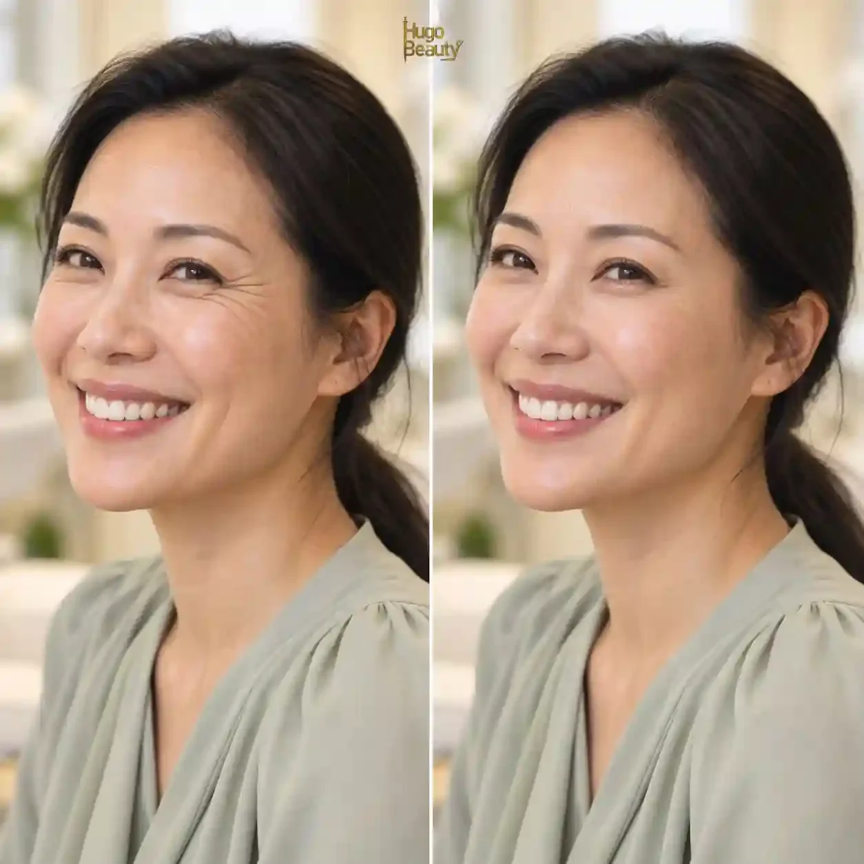 So sánh trước và sau: vết chân chim ở đuôi mắt mềm hơn khi cười, sau liệu trình làm mềm nếp nhăn tại Hugo Beauty