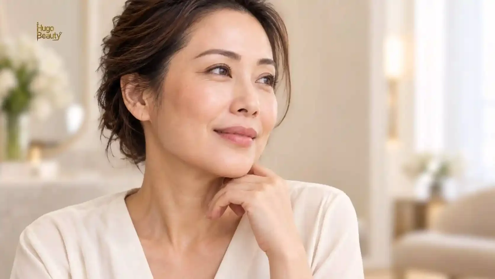 Khách nữ thư thái sau buổi HIFU toàn mặt tại Hugo Beauty, đường nét hàm và gò má gọn gàng hơn