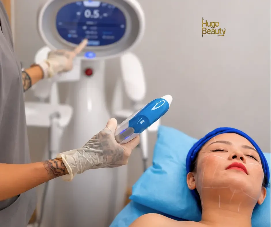 HIFU technology for double chin reduction and jawline slimming for a refined facial appearance at Hugo Beauty