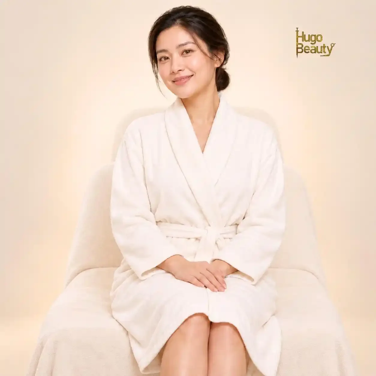 Woman in a white robe seated and ready for her bikini laser session at Hugo Beauty, Ho Chi Minh City
