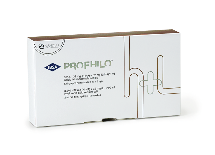 Box of PROHILO, a hyaluronic acid filler product, with IBSA branding and instructions in multiple languages.