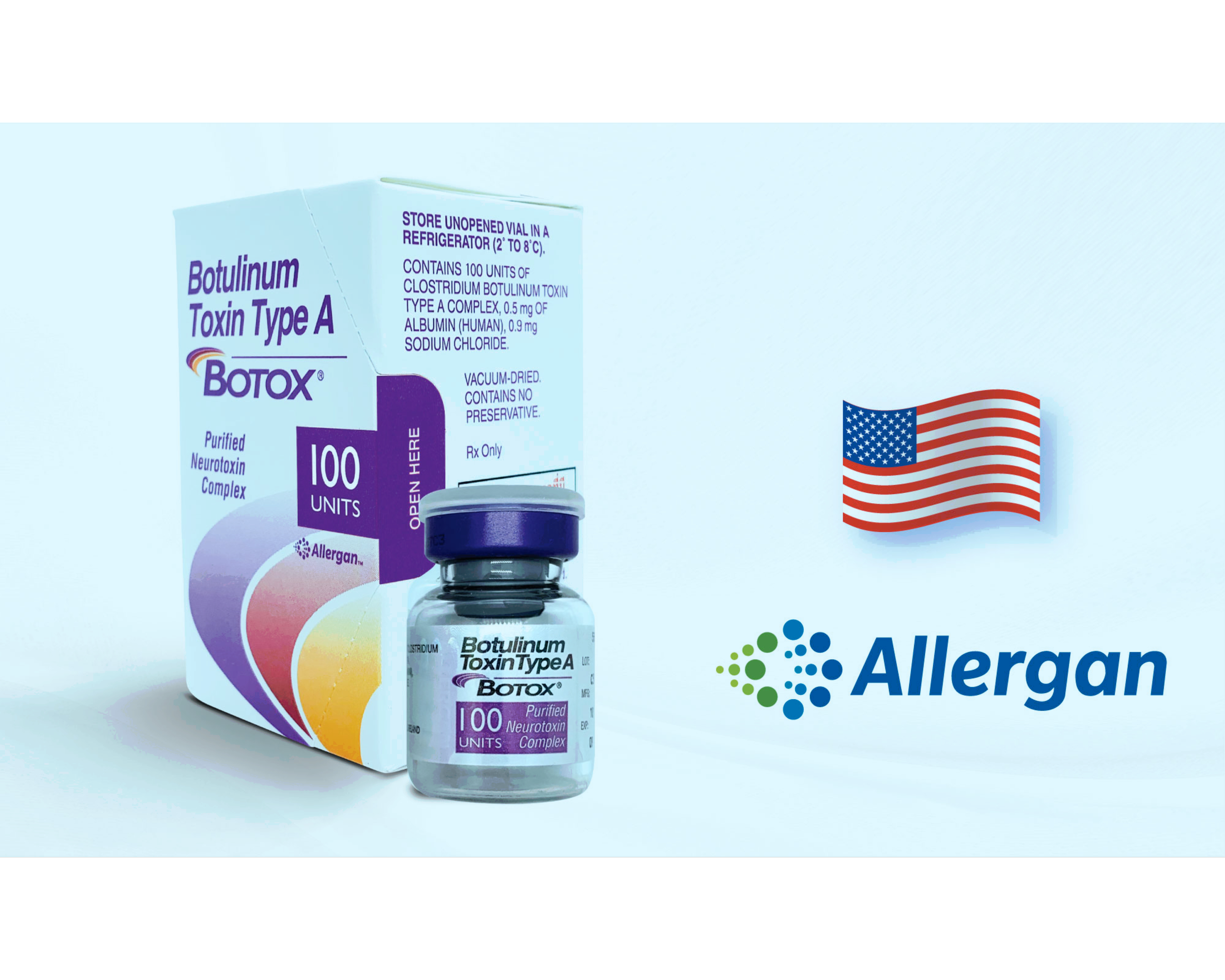 A box of Botox Botulinum Toxin Type A Vial in front of a larger box with the Allergan logo, along with an American flag sticker.