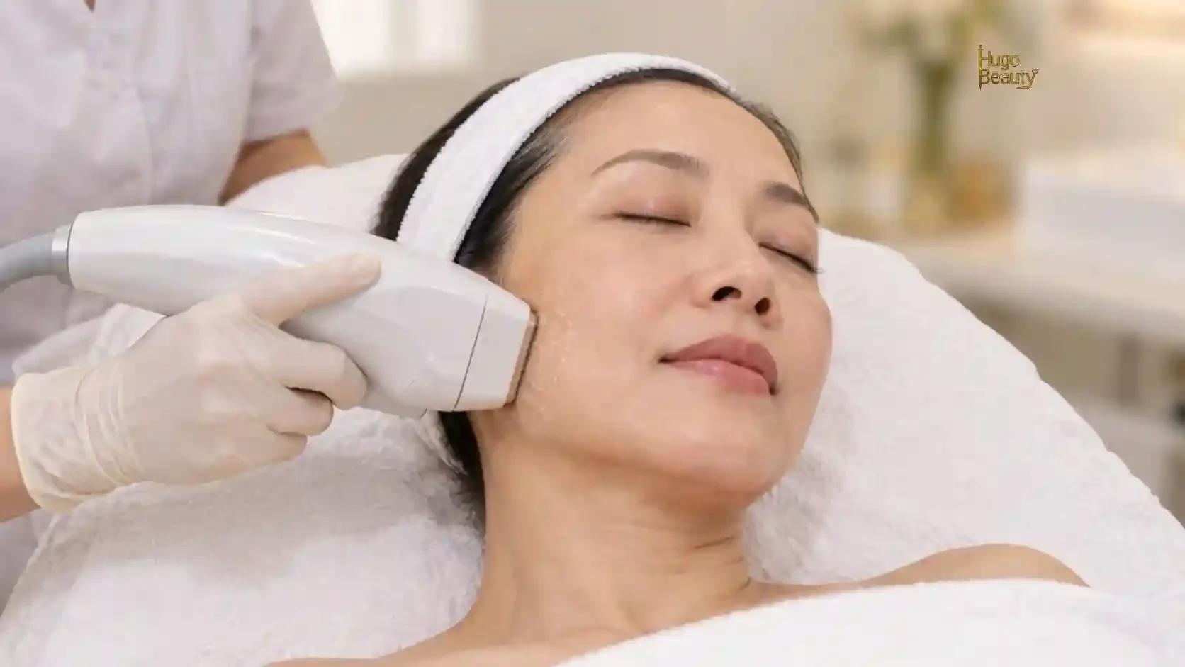 Chuyên viên Hugo Beauty thực hiện HIFU dọc viền hàm cho khách nam bằng máy Ultraformer MPT