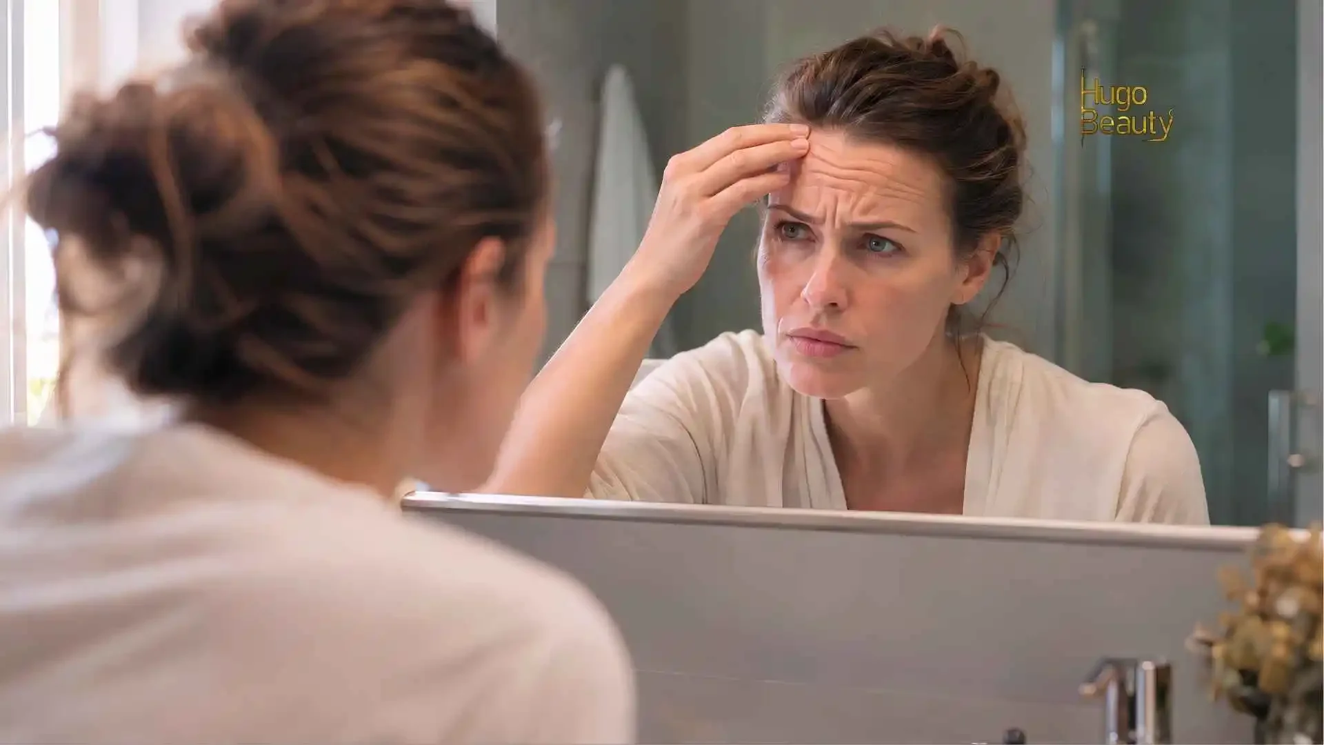 Woman looking in the mirror with forehead wrinkles before Botox at Hugo Beauty Ho Chi Minh City