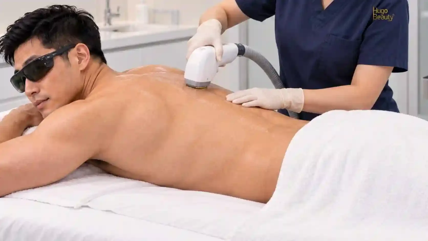 Kỹ thuật viên Hugo Beauty triệt lông lưng cho khách nam bằng laser, khách nằm sấp đeo kính bảo hộ tại TP.HCM