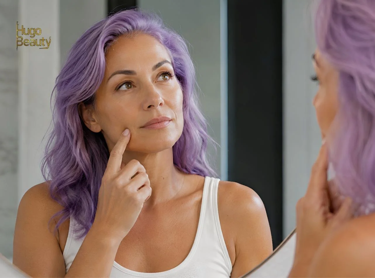 Khách hàng tự kiểm tra rãnh cười trước gương trước khi làm HIFU tại Hugo Beauty TP.HCM