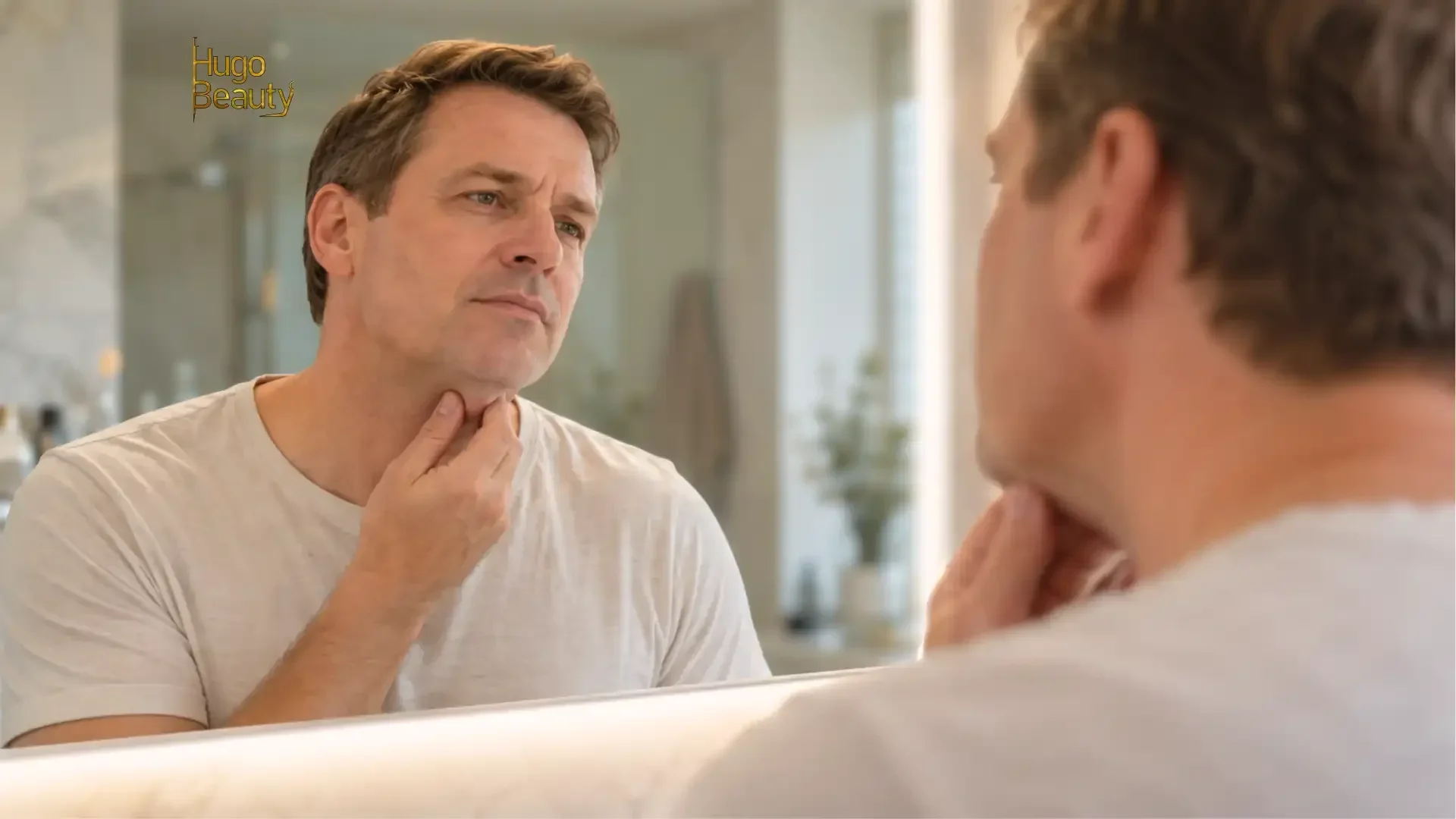 Man checking the area under his chin in a mirror before a HIFU consultation at Hugo Beauty, Ho Chi Minh City