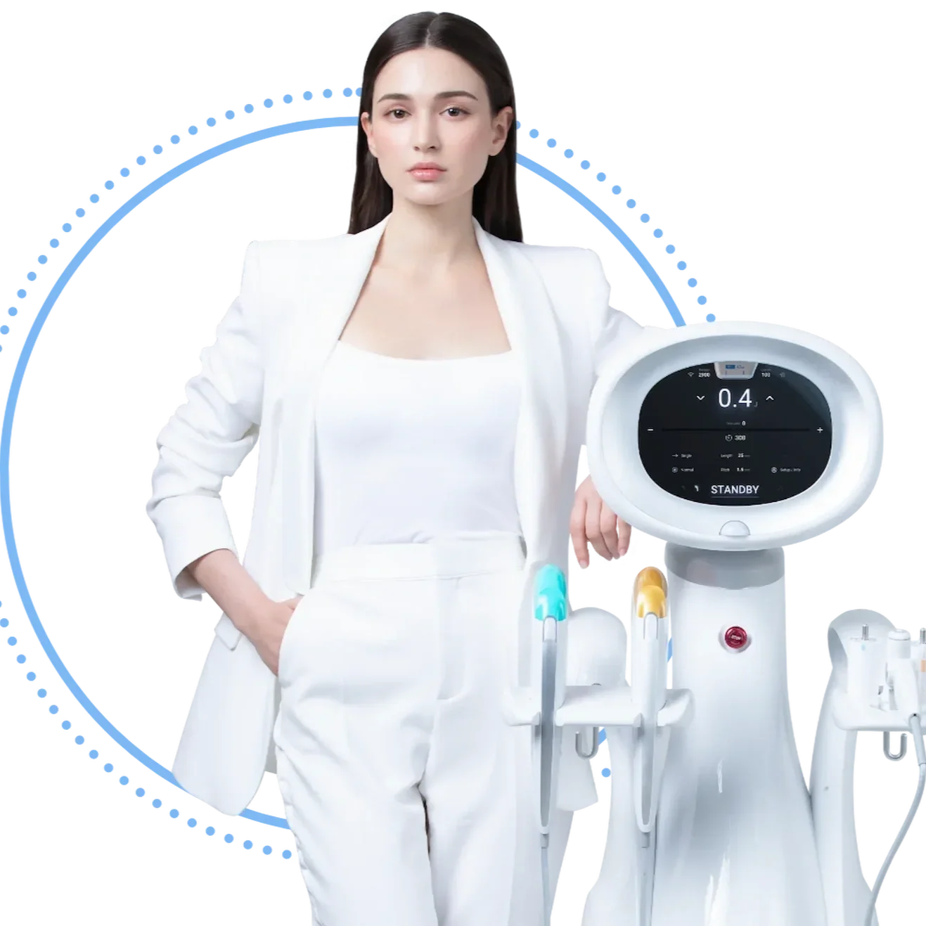 A young woman in a white suit standing next to a medical robotic device with a digital screen. The woman has dark hair and a serious expression. The device has a circular screen displaying numbers and a 'STANDBY' message, along with several robotic arms and tools.