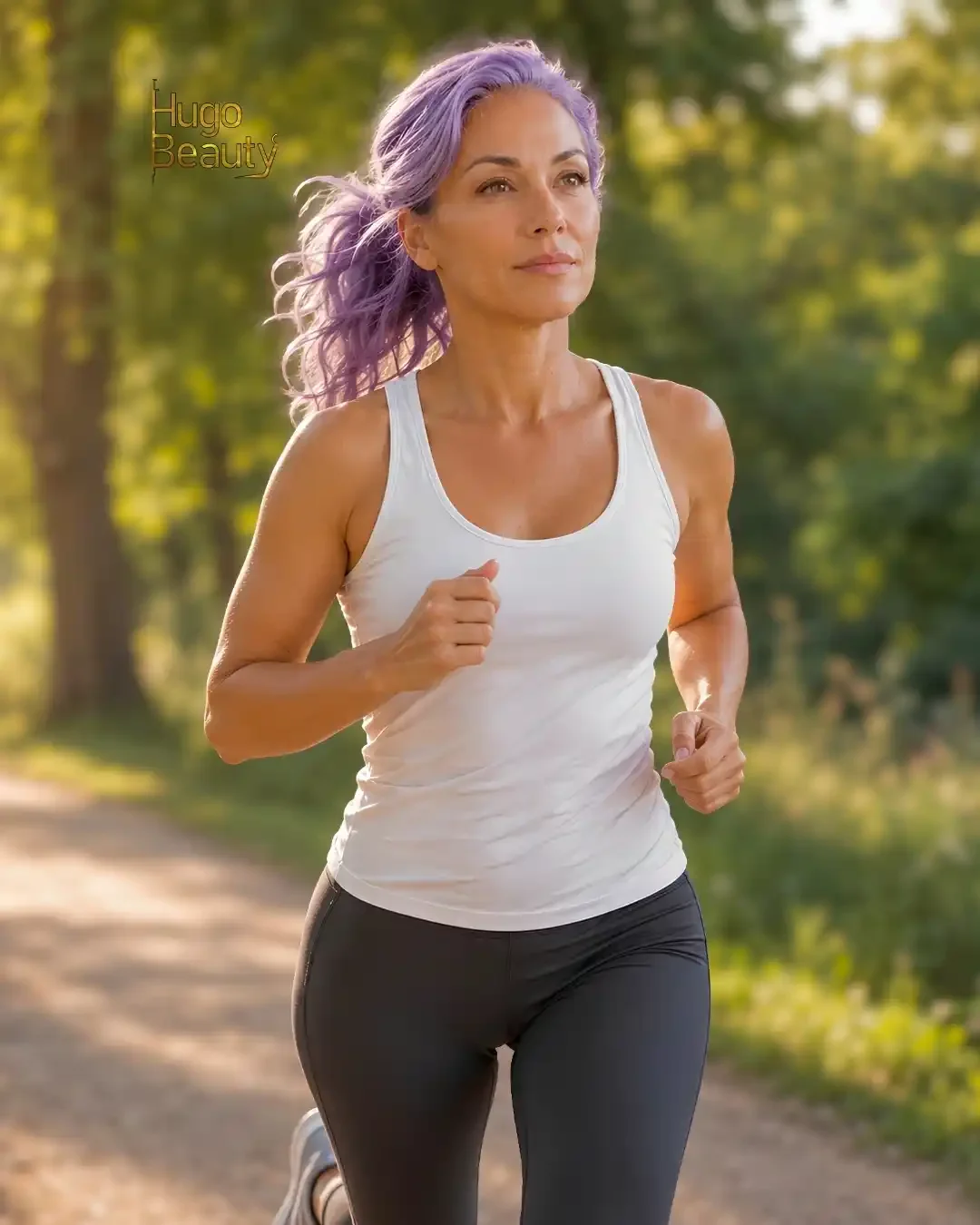 Morning jogging: Woman with lavender hair jogging in morning sunlight, part of the HIFU image series for Hugo Beauty HCMC.
