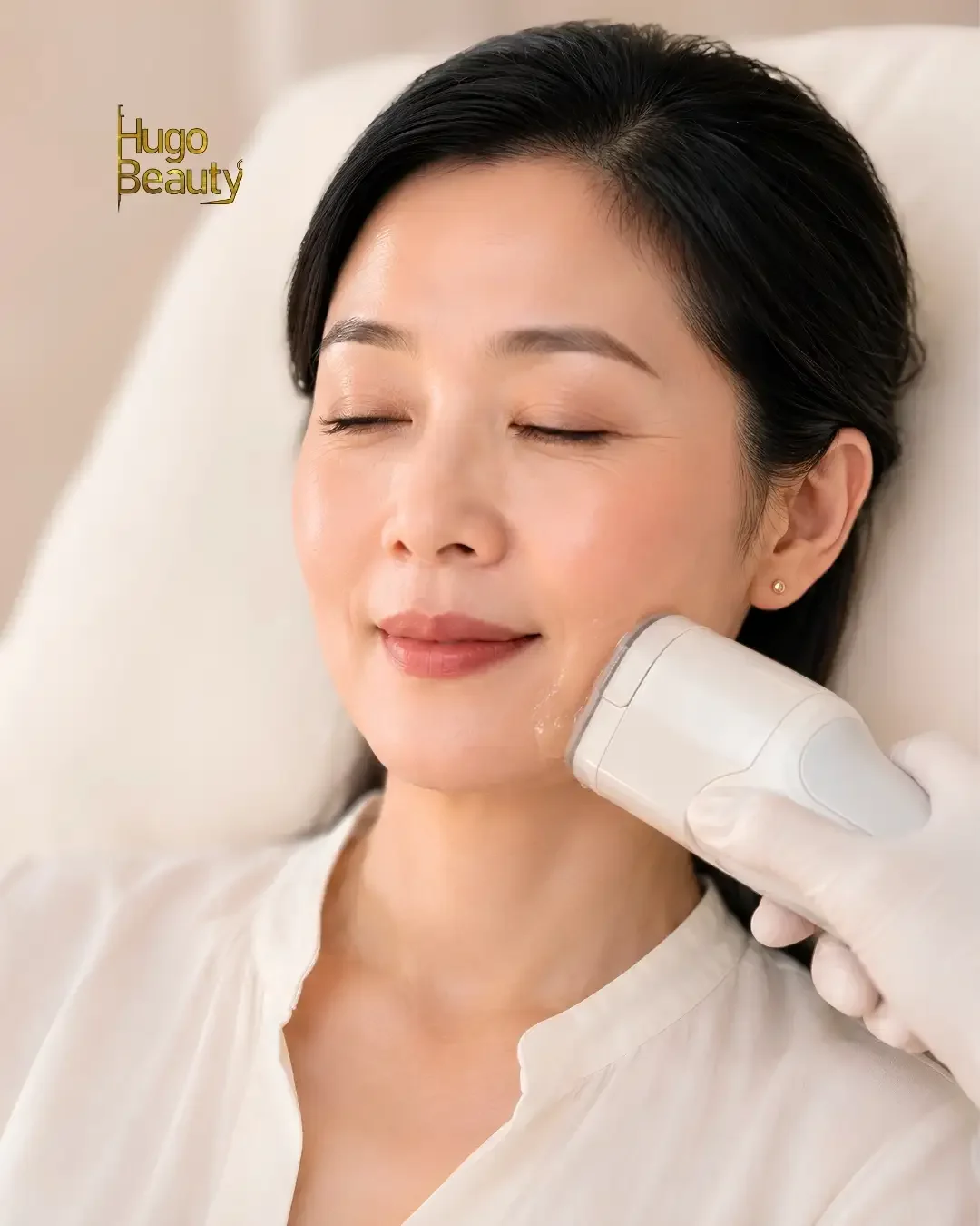 Close-up of a smiling woman with eyes closed receiving a HIFU treatment on her lower cheek using a facial transducer