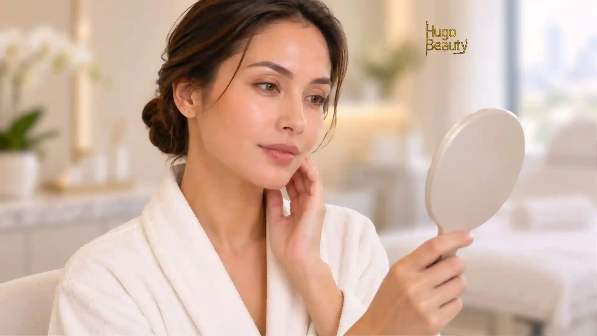 Khách soi da trước gương để xem da có nám, mỏng hay đang kích ứng trước khi quyết định làm HIFU tại Hugo Beauty