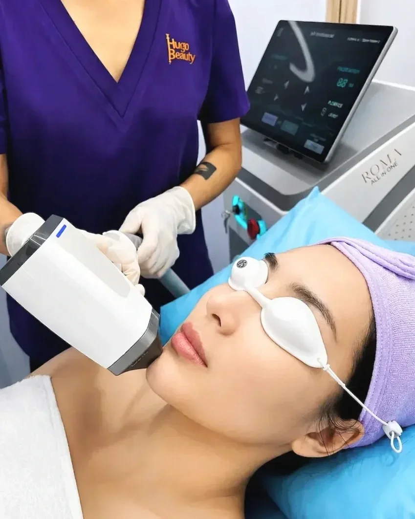 Hugo Beauty specialist checking facial skin before a diode laser hair removal session in Ho Chi Minh City