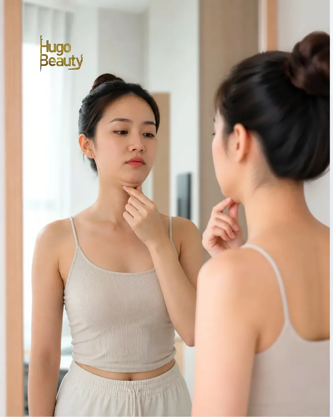 Phụ nữ dáng người mảnh mai lo lắng vì vùng nọng cằm lộ rõ