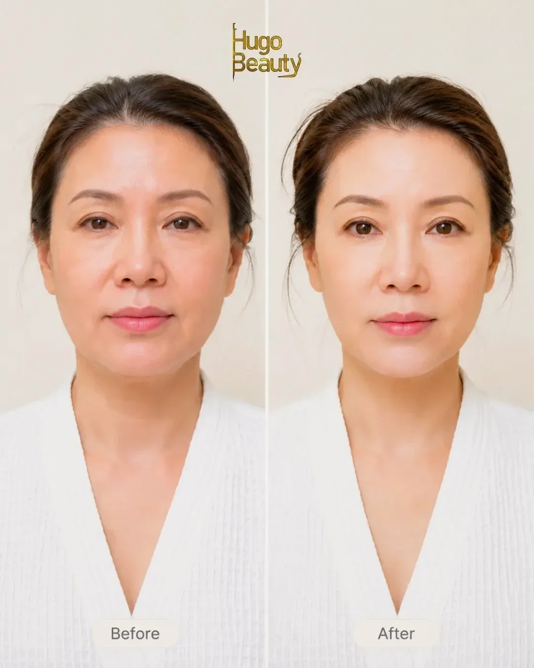 Ultraformer MPT HIFU before and after photos showing lifted cheeks and softened smile lines at Hugo Beauty in Phu Nhuan, Ho Chi Minh City.