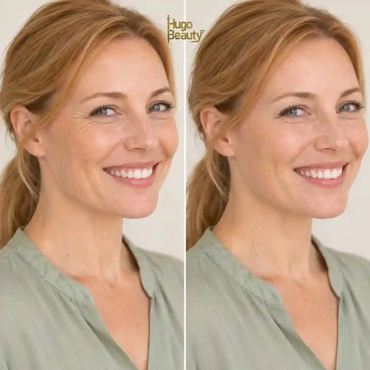 Before and after close-up: crow's feet around the eyes look softer while the smile stays natural