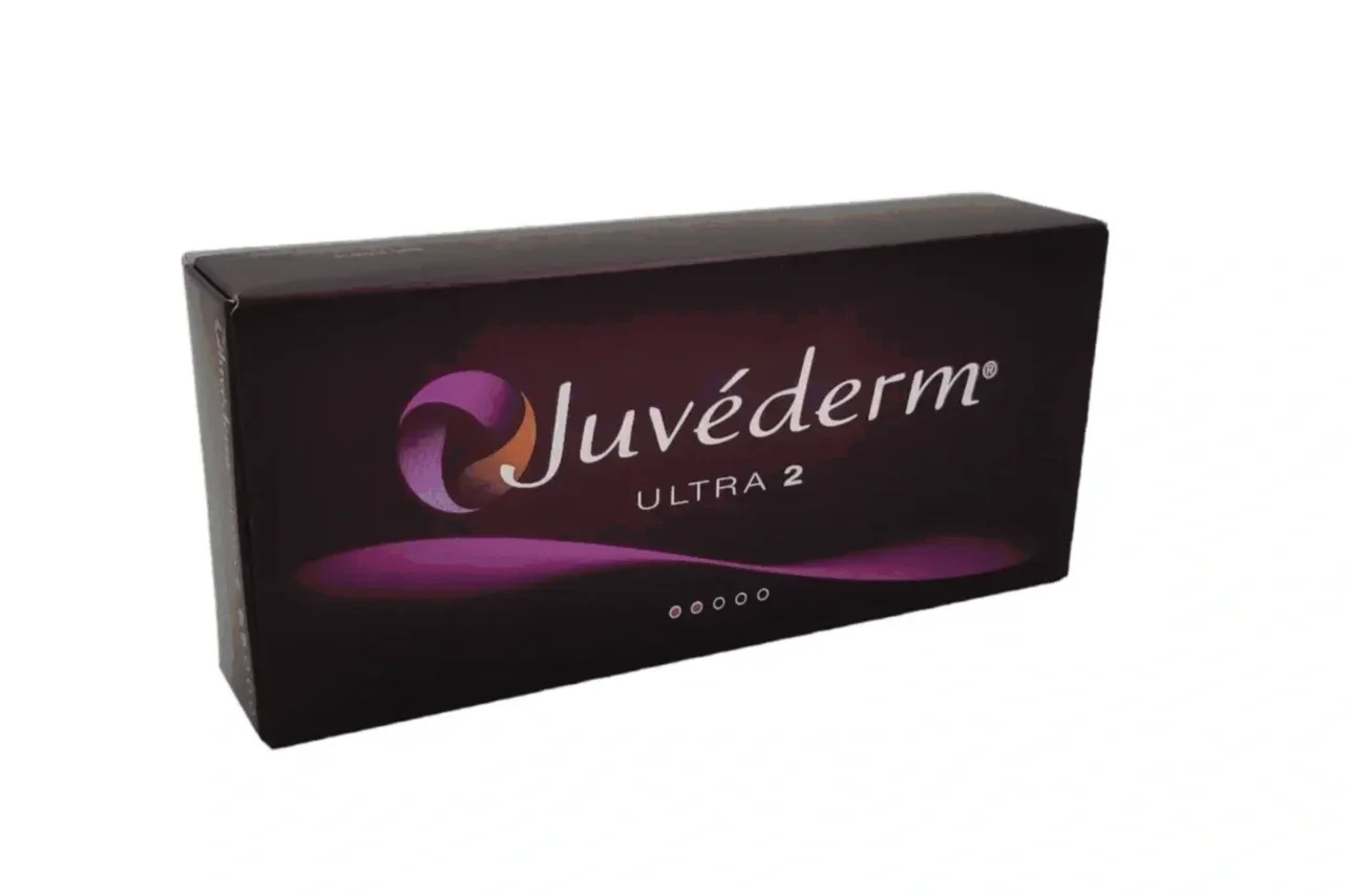 Black box of Juvederm Ultra 2 dermal filler with purple and orange logo and white text.