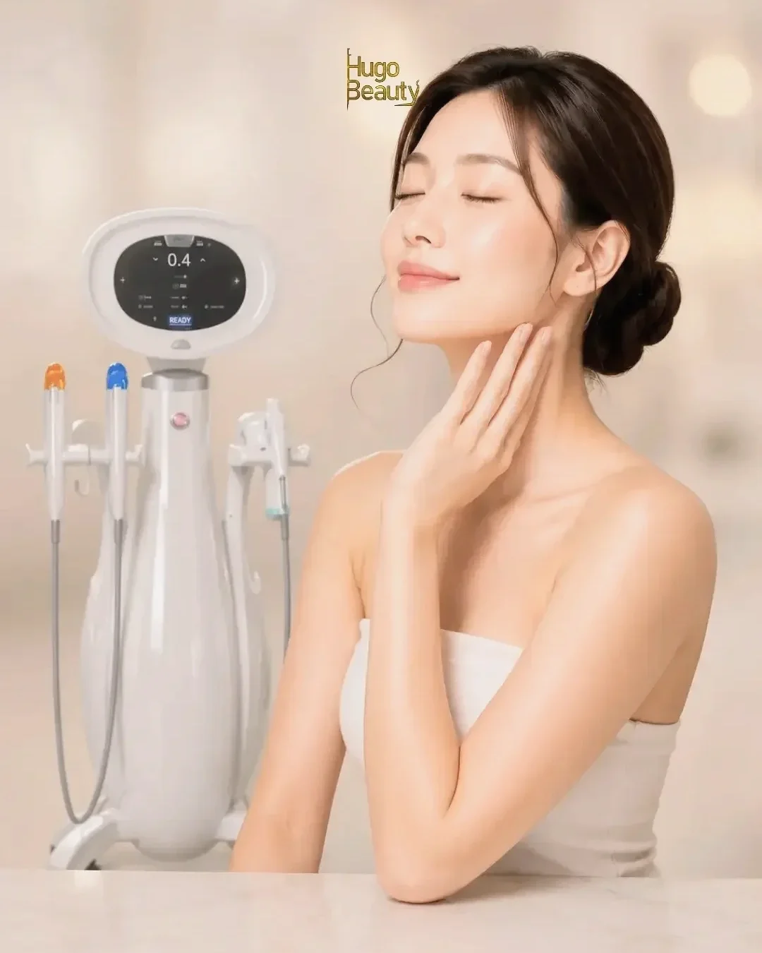 Client enjoying HIFU Ultraformer MPT facial lifting treatment at Hugo Beauty in Ho Chi Minh City