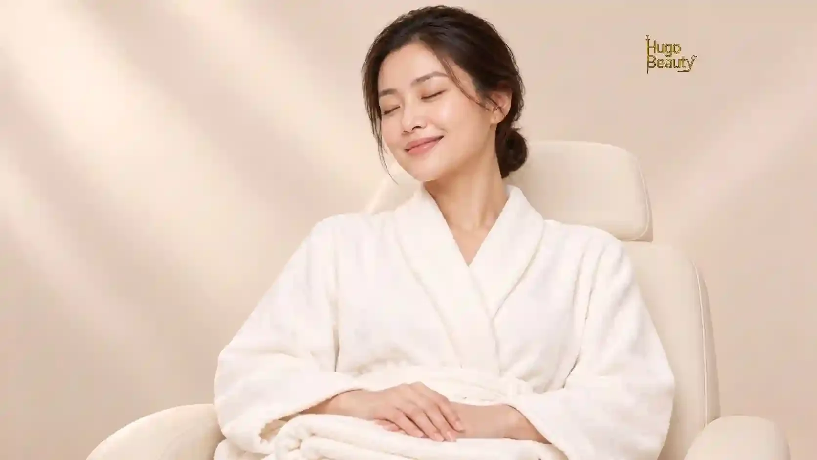 Woman in a white robe relaxing before a Brazilian laser session at Hugo Beauty, Ho Chi Minh City
