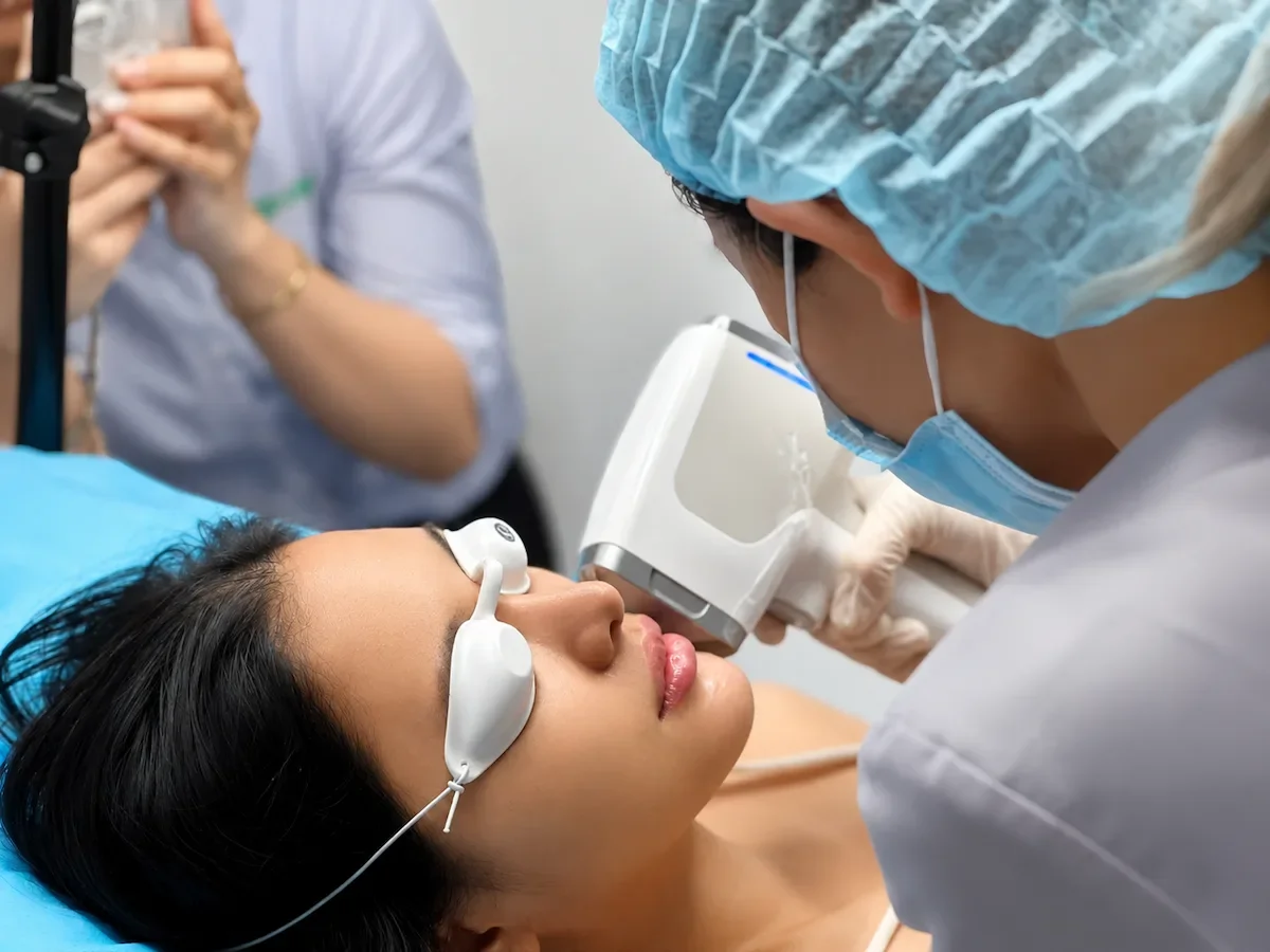Doctor performing a laser skin treatment on a woman patient lying in a medical setting.