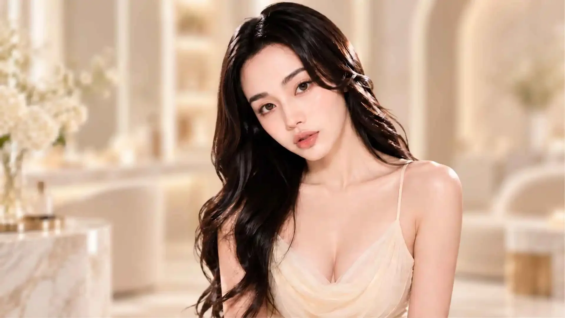 Cô gái tóc dài ngồi trong studio sáng màu, vùng môi và mép mịn — minh họa bài so sánh cạo, nhổ, se chỉ, wax và triệt lông laser ria mép tại Hugo Beauty