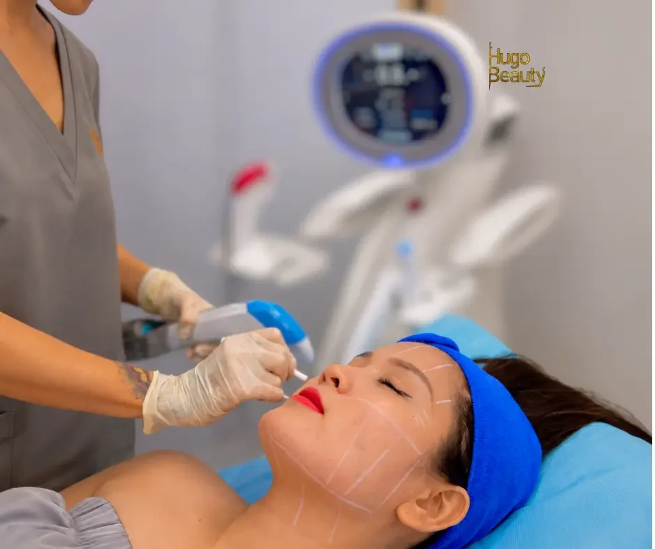 Nhà sáng lập Hugo Beauty đang xác định các vùng điều trị trên khuôn mặt khách hàng trước khi thực hiện HIFU.