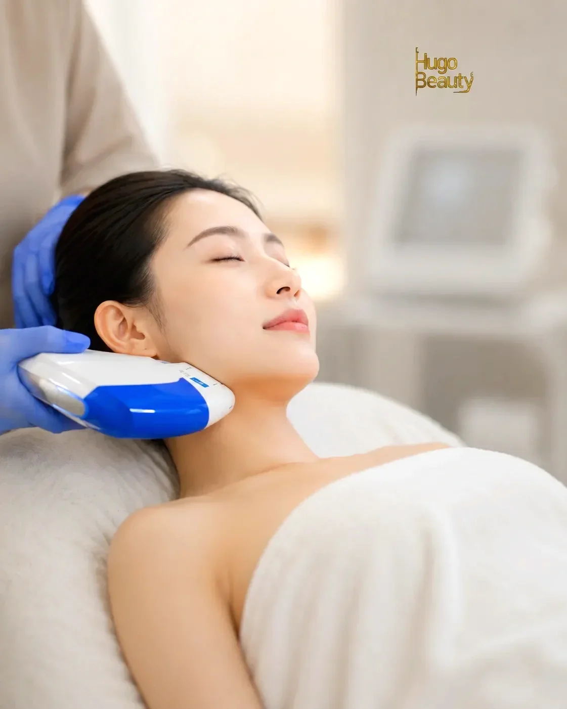 Khách hàng thực hiện liệu trình HIFU trẻ hóa và săn chắc vùng cổ bằng công nghệ Ultraformer MPT tại Hugo Beauty, TP.HCM