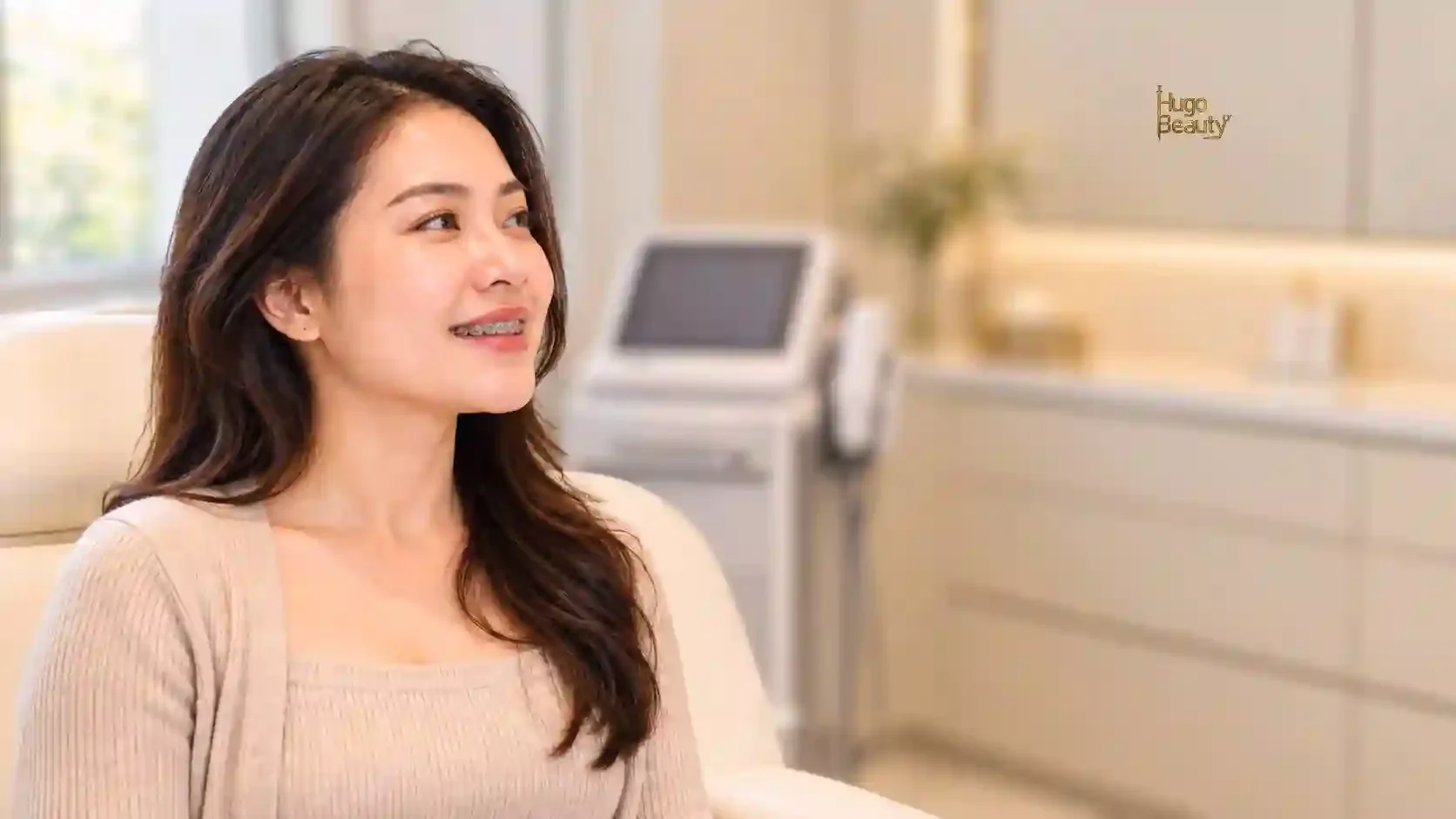 Khách hàng đang niềng răng mỉm cười khi được tư vấn nâng cơ HIFU tại Hugo Beauty TP.HCM
