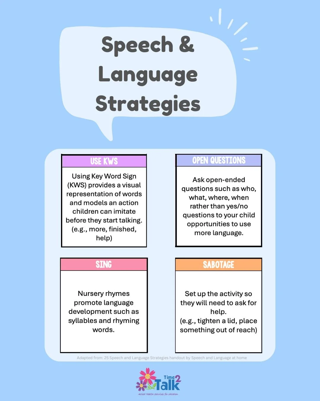 ✨ Speech &amp; Language Strategies ✨
Here are some more of our favourite speech and language strategies - use these strategies in your everyday environments to help promote opportunities for your child to develop and use language.

#speechpathologist