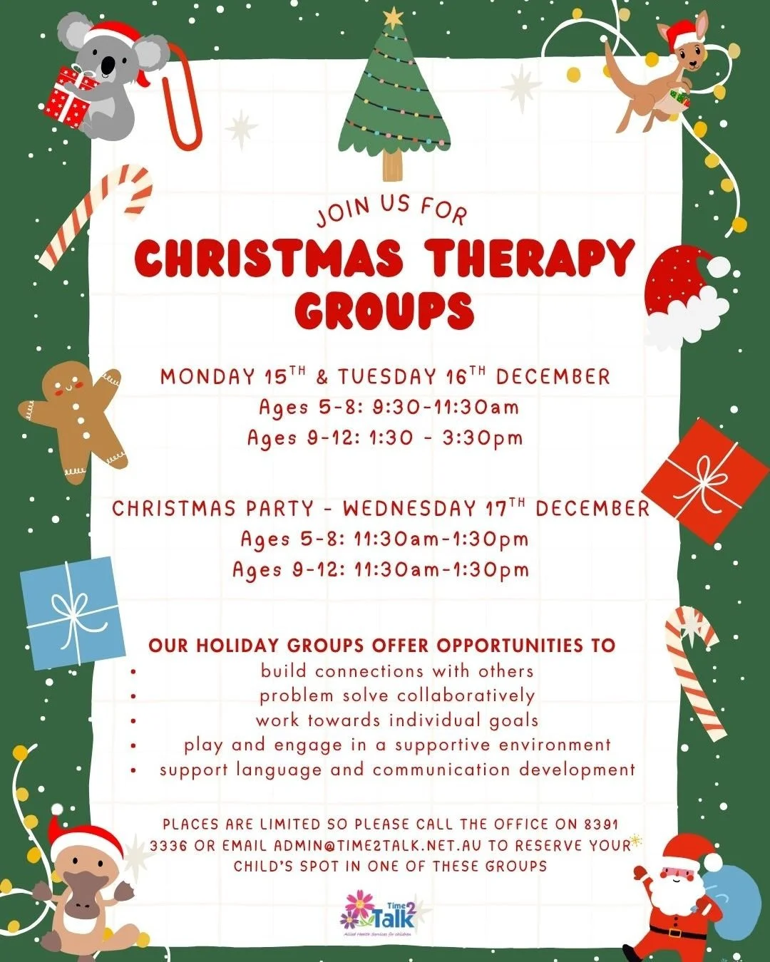 🎄 Christmas Groups 🎄

We are excited to announce that we'll be running Christmas groups during the upcoming school holidays! 🎅🏼🎁

Join us for three days of fun, festive therapy sessions designed to support your child's speech, langugage and occu