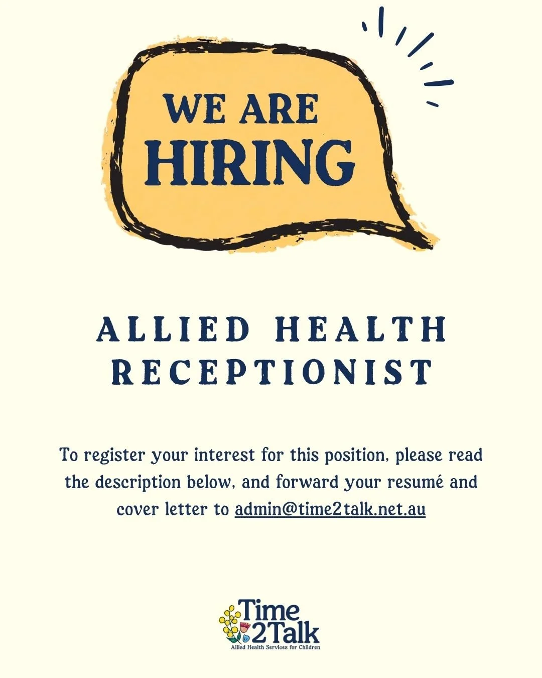WE&rsquo;RE HIRING 

Hey Admin Superstars 

Love being organised, working with people, and being part of a genuinely supportive team? This might be your sign&hellip;

Time 2 Talk is on the lookout for a part-time Allied Health Receptionist to join ou