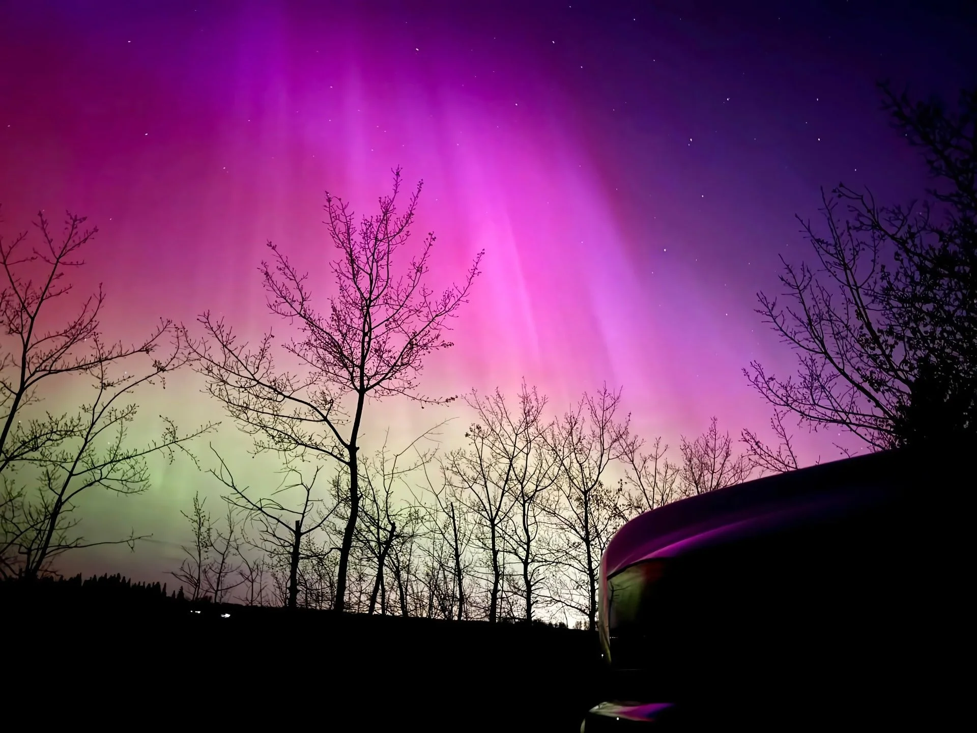 Spectacular Northern Lights display with vibrant pink and green hues illuminating the night sky over a tranquil forest, creating an enchanting retreat atmosphere.