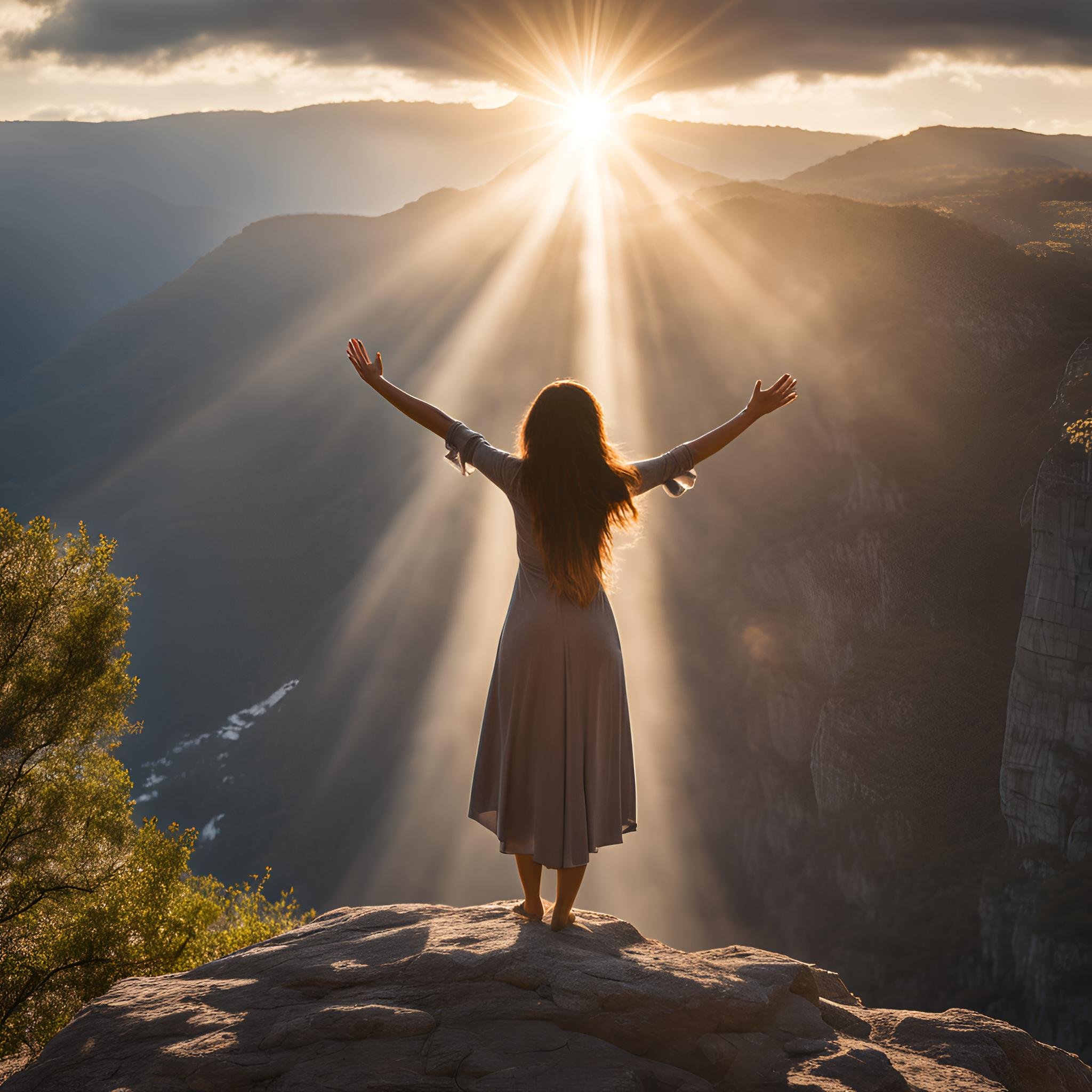 a shaft of sunlight coming through to touch a person standing on the top of a cliff with open arms to represent growth and renewal.jpg