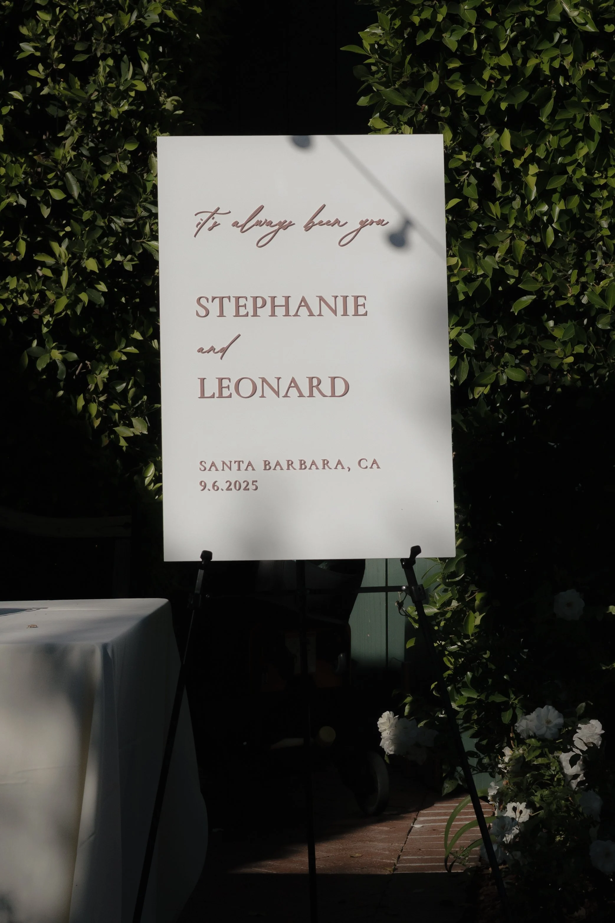 White and Dusty Rose Wedding Welcome Sign on Easel Stand