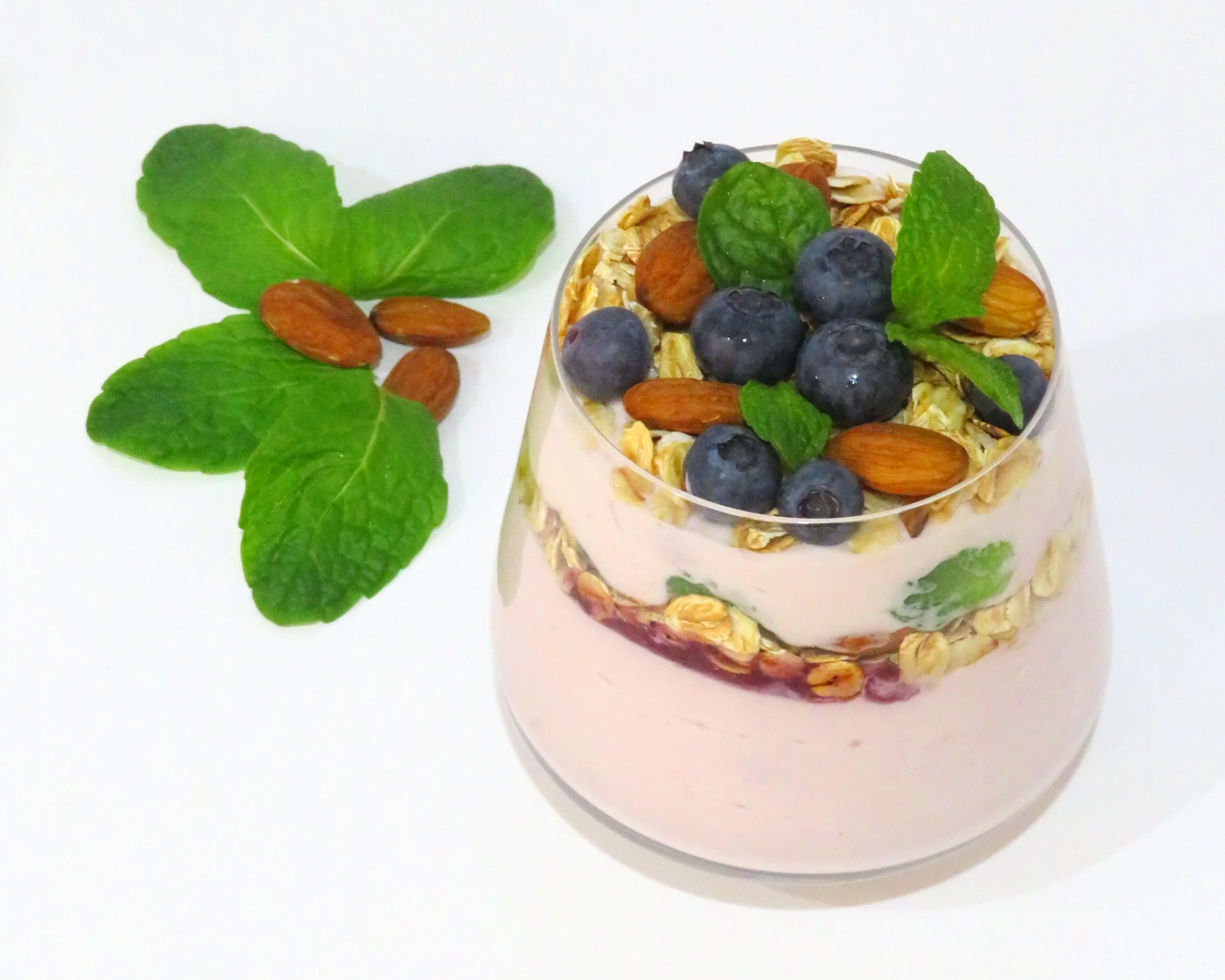 Layered Blueberry Parfait with mint and almonds