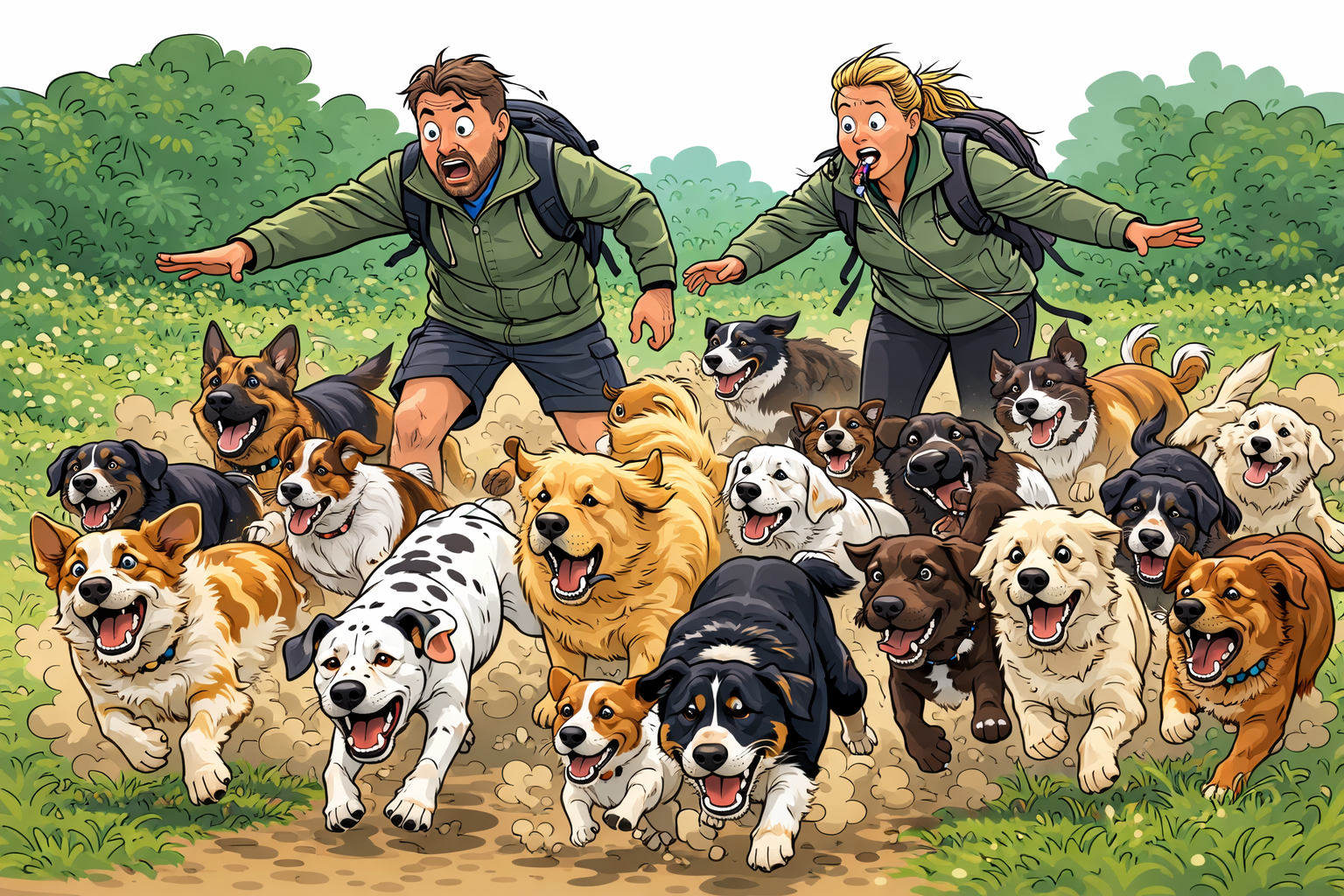 Cartoon illustration of a stressed man and woman trying to control a chaotic group of around 15 off lead dogs running in different directions across a park, with exaggerated expressions and dust clouds showing disorder