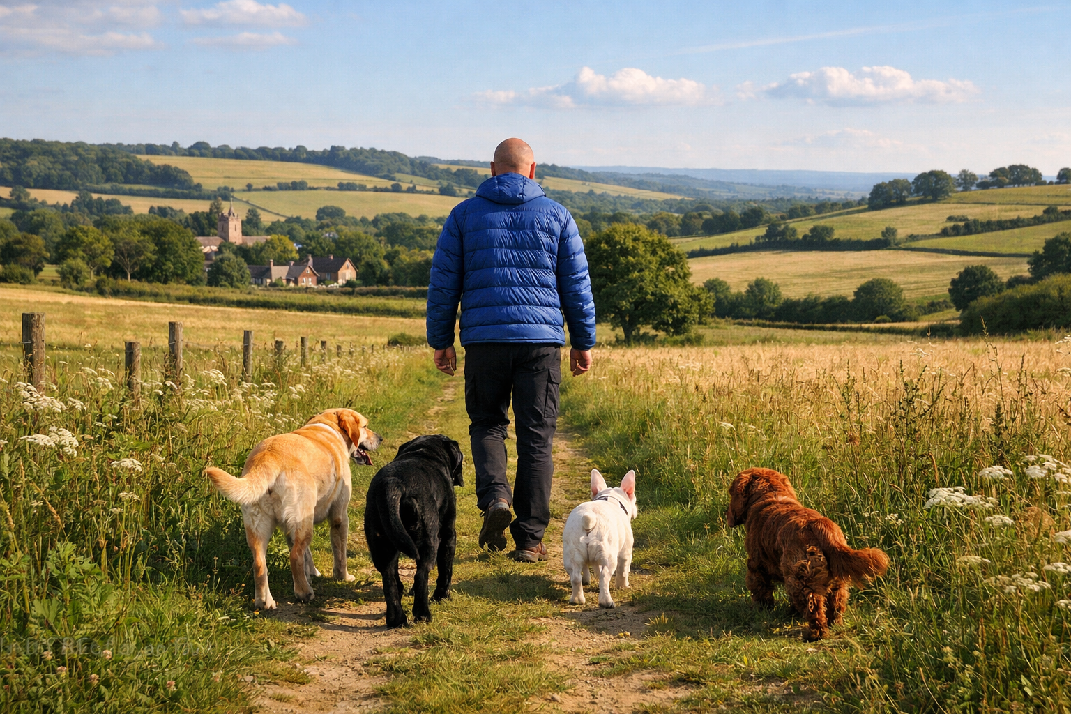 Man in blue jacket walking away along a rural farm track, holding four loose leads while a Labrador, black Lab, French Bulldog and Cocker Spaniel walk freely beside him.
