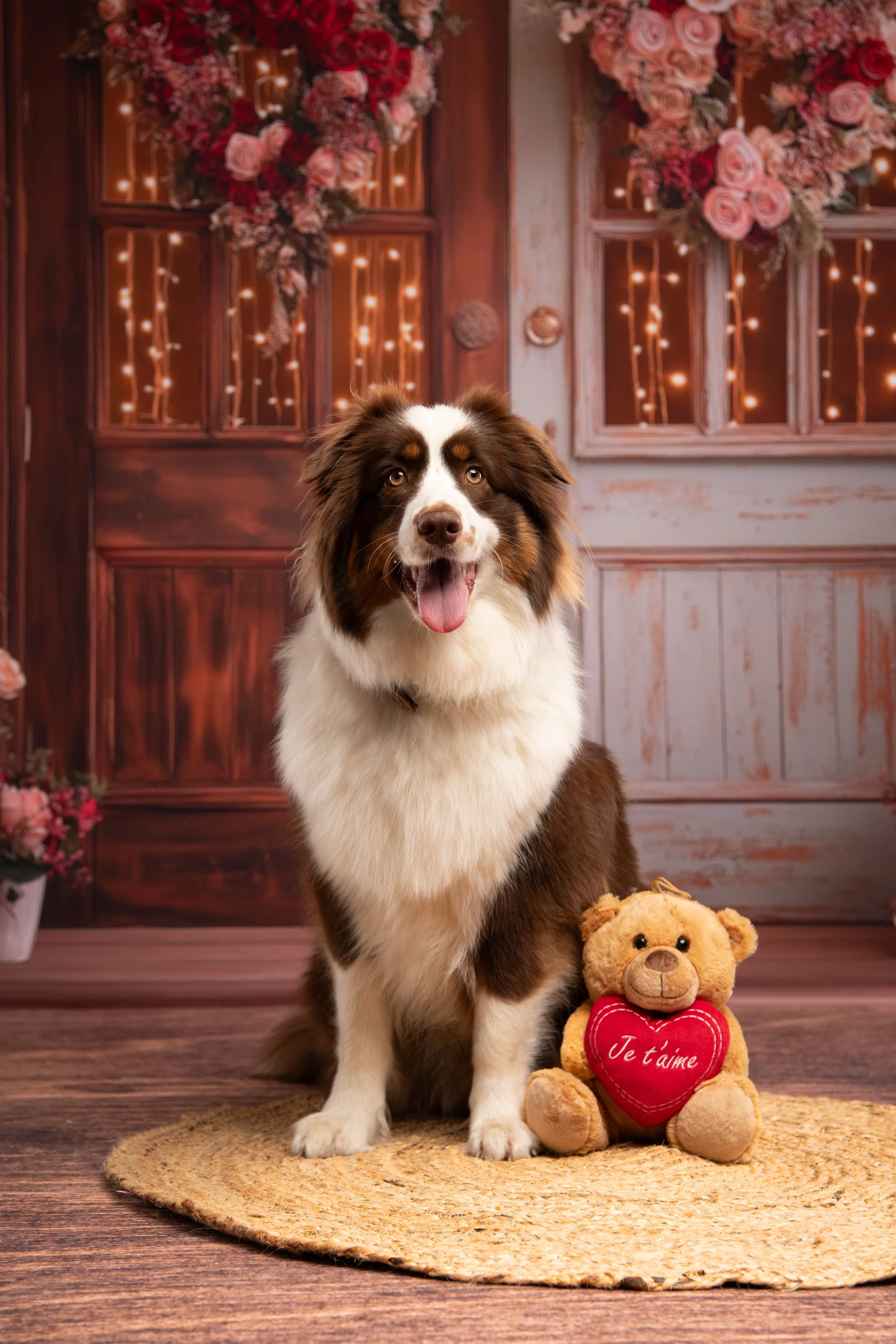 Un chien de race berger australien assis sur un tapis en rotin, avec une peluche en forme d'ours en position assise à côté de lui, dans un décor de porte en bois avec des guirlandes lumineuses et des arrangements floraux roses.