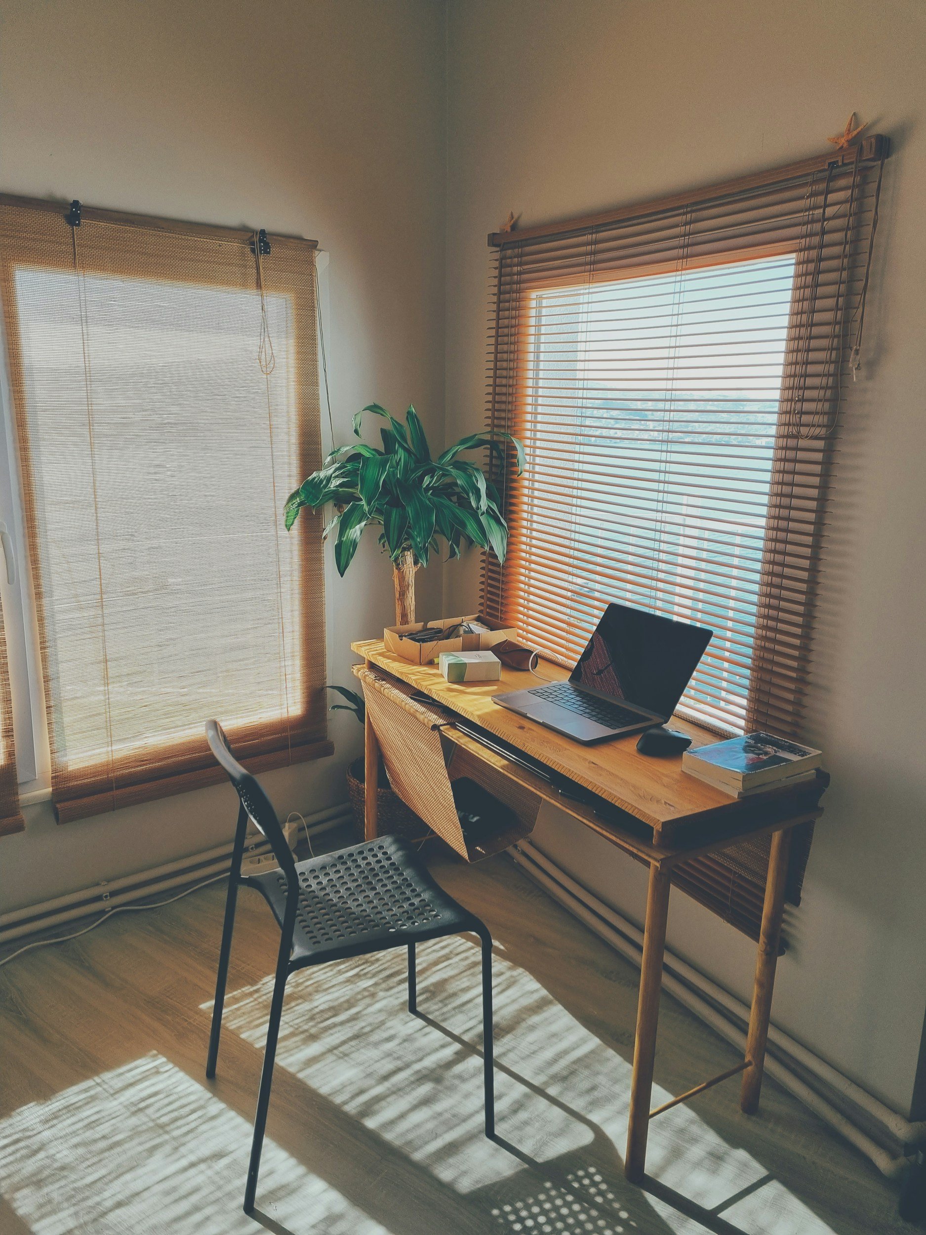 Sunlit home office with a wooden desk, open laptop, potted plant, window blinds, and black chair