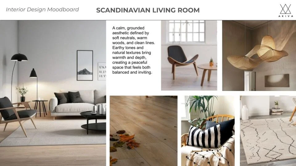 Innenraumgestaltung eines skandinavischen Wohnzimmers mit modernem und minimalistischem Stil, bestehend aus einem weißen Sofa, schwarzen Akzenten, einem Beistelltisch, Holzstühlen, einer hängenden Leuchte, Pflanzen und einem modernen Teppich.