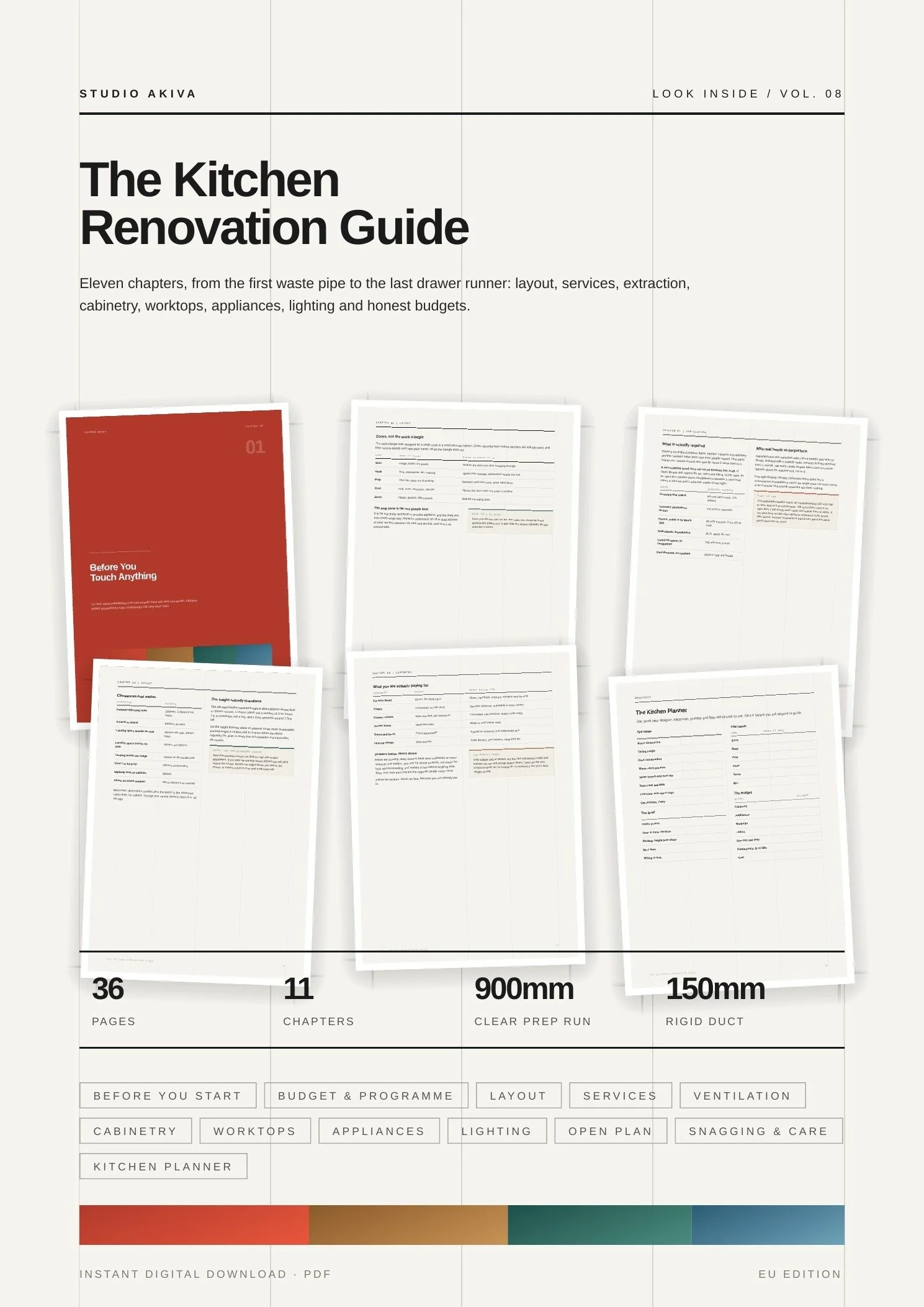 Sample pages from The Kitchen Renovation Guide showing national extract rates, layout zones and the Kitchen Planner