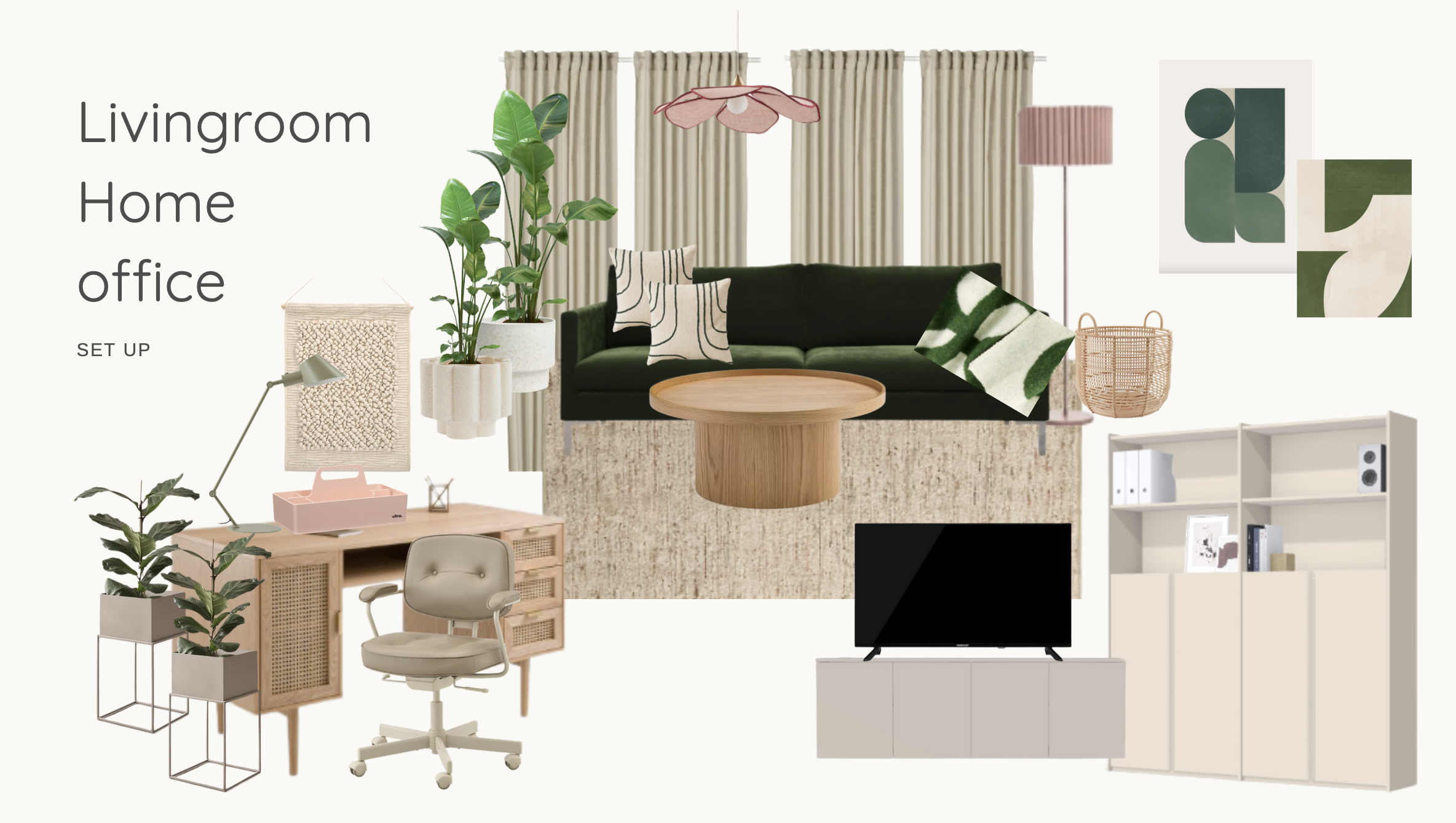 Collage eines Wohnzimmers mit Sofa, Couchtisch, Fernseher, Bücherregal, Pflanzen, Lampe, Wanddekoration, Teppich und Vorhängen, mit Text 'Living room, Home, office' auf der linken Seite.