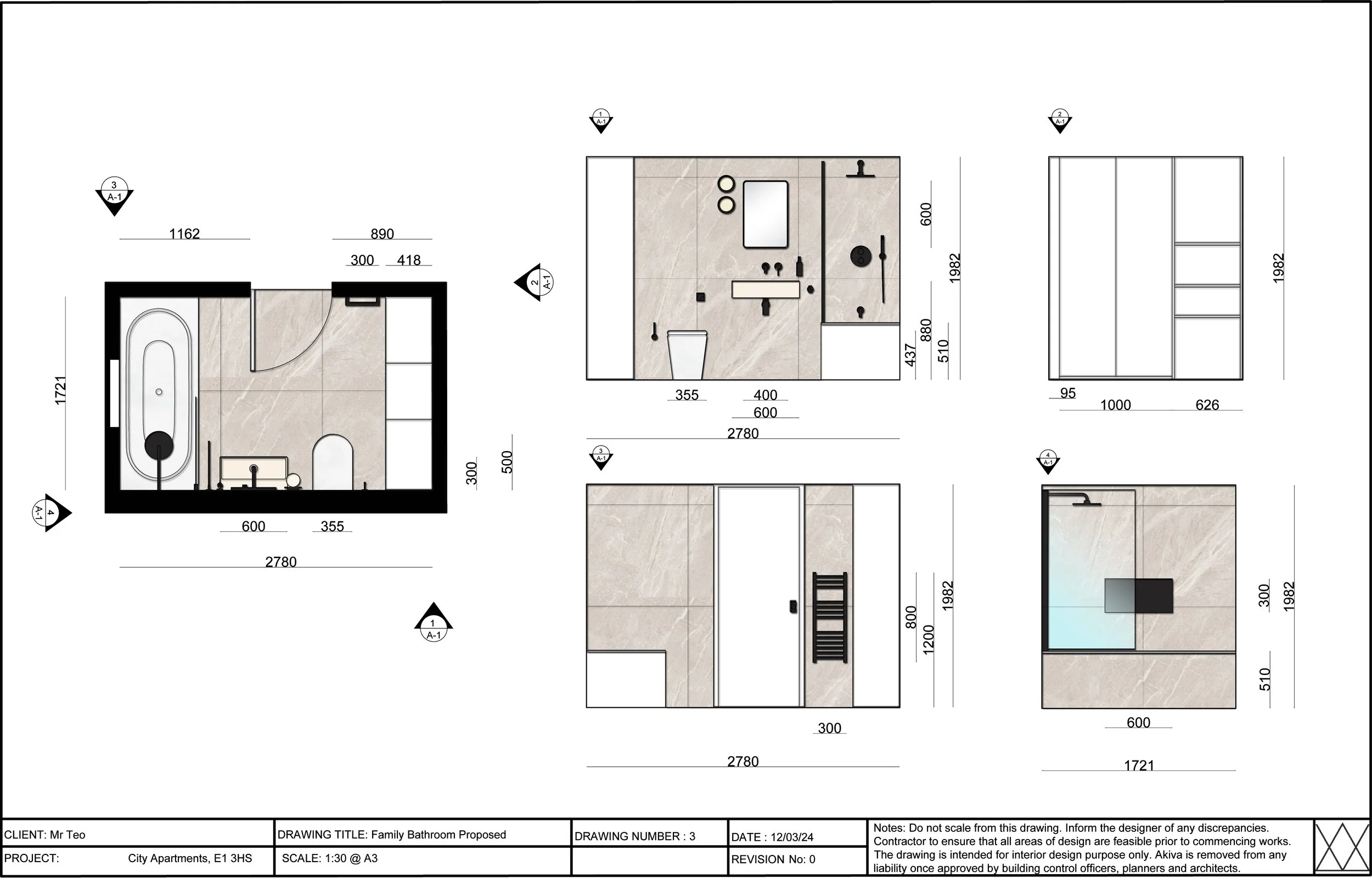 Architectural drawing of a bathroom, including 3D view and floor plan with dimensions for a family bathroom in a residential project