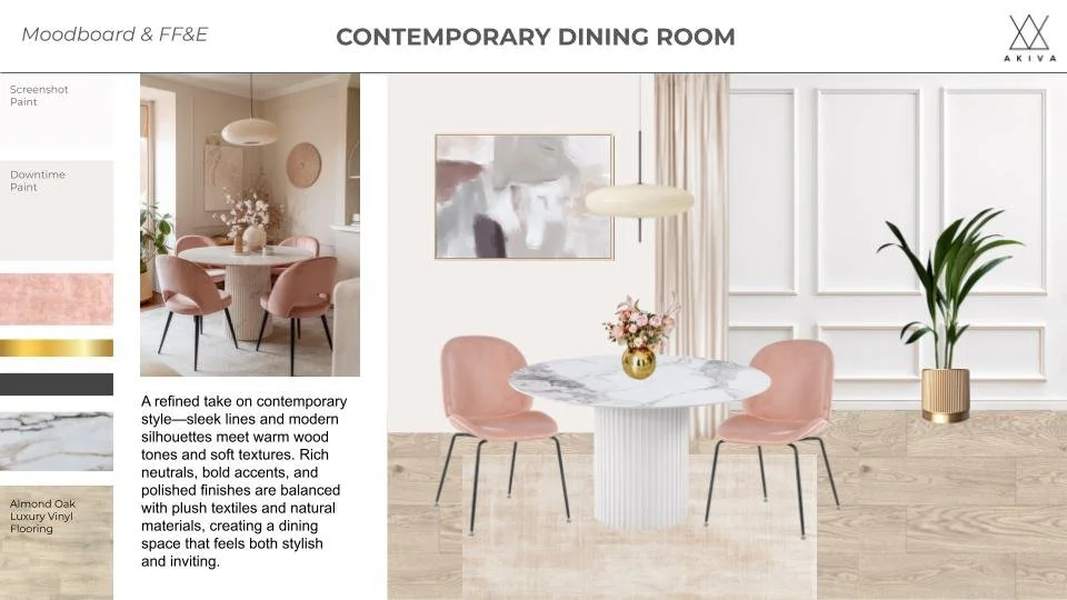 Moderne Esszimmer mit weißem runden Esstisch, drei rosa Samtsessel, Vase mit Blumen, Wandkunst, große Fenster mit Vorhängen und grünem Zimmerpflanze in Goldtopf.