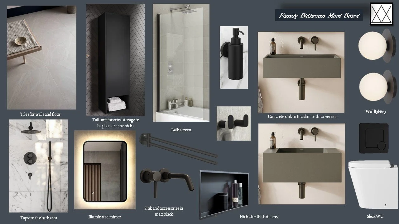 A bathroom design plan featuring tiles, a tall storage cabinet, bathtub, wallpaper, a mirrored door with lighting, black fixtures, sinks, faucets, shower fittings, toilet bowl and accessories in dark grey and black tones.