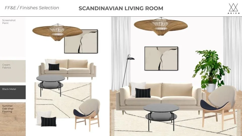 Innenraum eines skandinavischen Wohnzimmers mit cremefarbenem Sofa, Sessel, Kaffeetisch, Wandkunst, Stehlampe, großer Pflanze und einer Deckenlampe aus Holz.