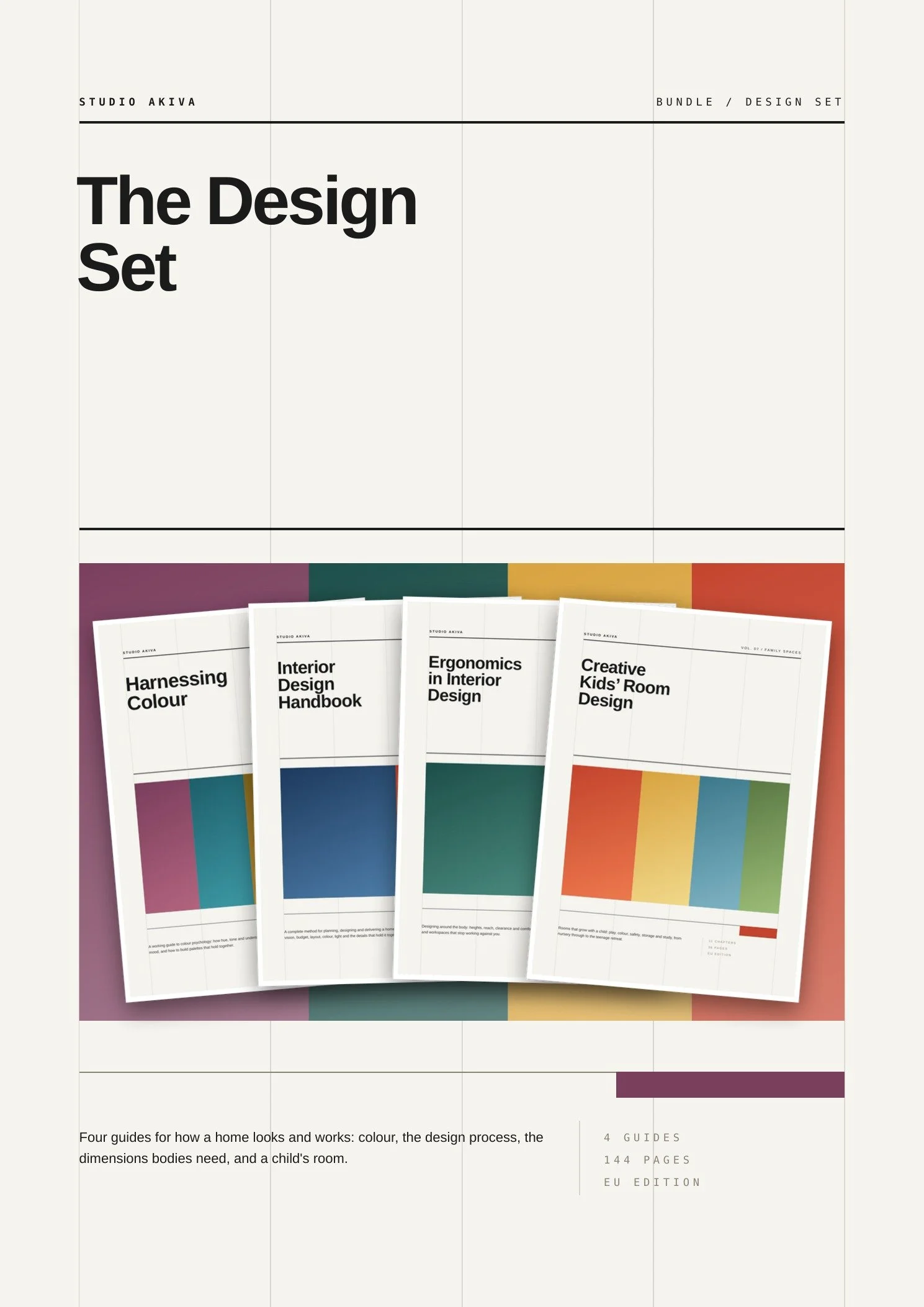 The Design Set, EU edition: Harnessing Colour, Ergonomics in Interior Design, The Interior Design Handbook and Creative Kids' Room Design.
