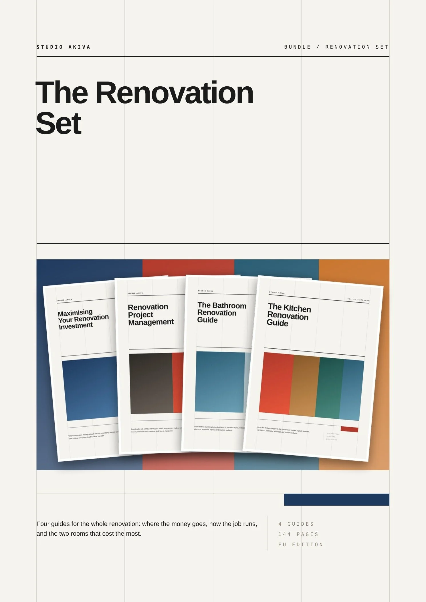 The Renovation Set, EU edition: Maximising Your Renovation Investment, Renovation Project Management, the Bathroom and the Kitchen Renovation Guides.